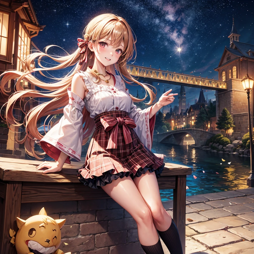 Pink, red, brown, gold, gold hair、Red gold eyes、Hair tied up、One good looking girl、solo、anime、Checkered mini skirt、Ruffles on the skirt、Checked dress、blouse、Kimono、Black knee-high socks、Ribbon、Ribbon on waist、Teeth are visible、Sparkly Necklace、From above、Cobblestones、waterfall、Starry Sky、Midnight Moon、suspension bridge、Standing still、Confetti、Kicking、Brick construction、Uphill、An old castle built on a rocky mountain、The scenery is reflected on the water、Sitting on the roof