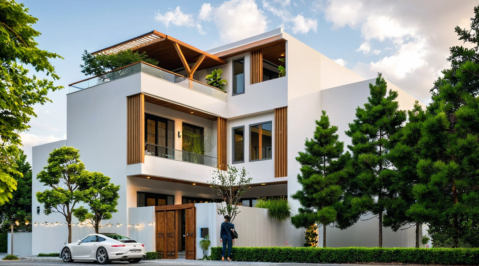 Masterpiece, high quality, best quality, authentic, super detail, outdoors, onestoreyvillaXL, aiaigroup, house style modern on the street ,stairs, white wall ,road,pavement, grass, trees, sky, cloud, (daylight:1.1)