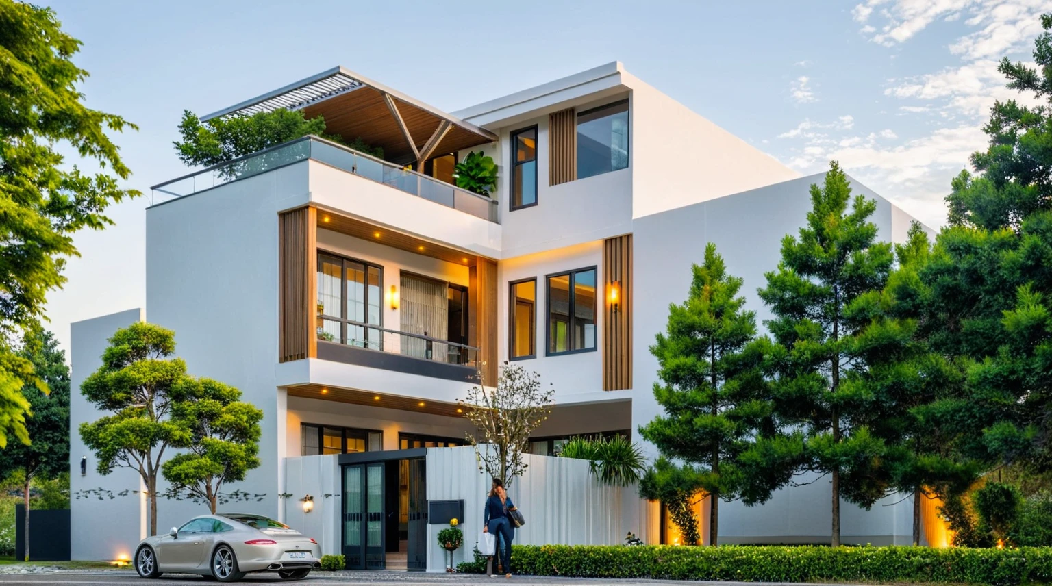 Masterpiece, high quality, best quality, authentic, super detail, outdoors, onestoreyvillaXL, aiaigroup, house style modern on the street ,stairs, white wall ,road,pavement, grass, trees, sky, cloud, (daylight:1.1)
