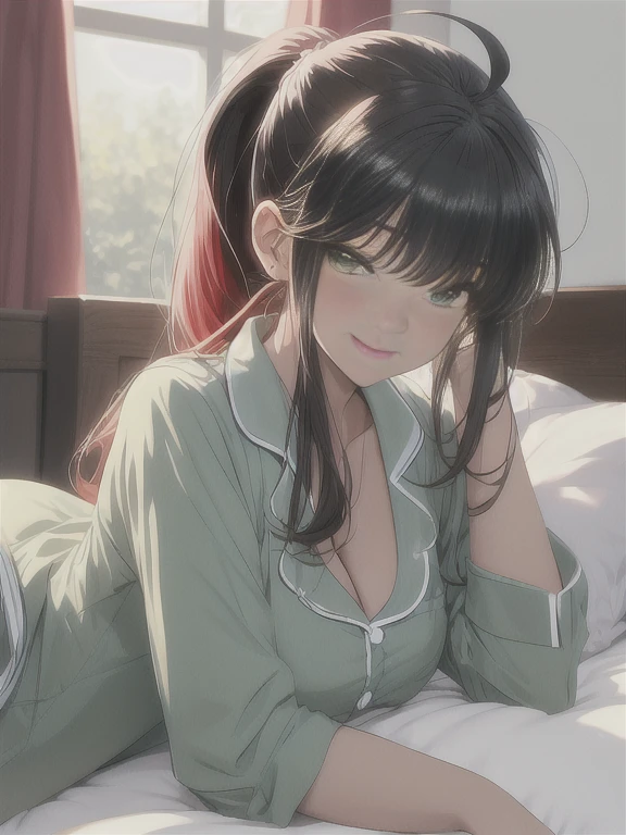 masterpiece, Highest quality, Official Art, (Highly detailed CG Unity 8k wallpaper), Detailed Background, (The Hands of Guido Daniele: 1.1), The legs are off the frame, First Person View, 1, Attractive and perfect beautiful woman, Lying face down on the bed, Turn back, (Curvaceous), (((sleepy: 1.14))), (Stick your butt out, pajamas, Nightwear, underwear, White thighs: 1.12), ( Red long hair: 1.12), (Ahoge: 1.13), (High Ponytail: 1.12), (Green Eyes: 1.13), Behold the Beholder, big, (Cleavage), Beautiful Face, (blush: 1.11), (smile: 1.11)
