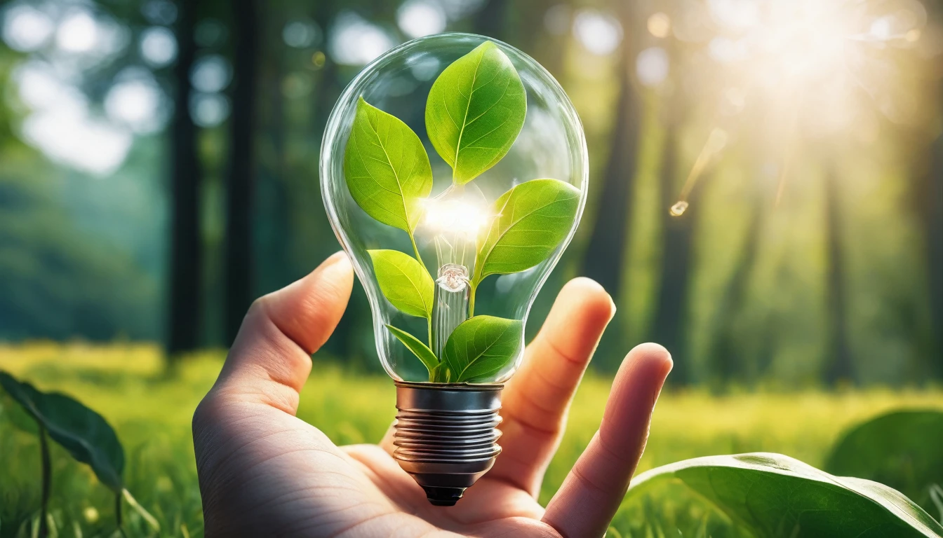 a hand with 5 finger holding a light bulb against nature on a green leaf, environmental sustainability, responsible business, ecology, renewable energy sources, ethereal lighting, peaceful scenery, natural textures, soft focus, cinematic quality, vibrant colors, dynamic composition, detailed rendering, photorealistic, 8k, highly detailed, masterpiece