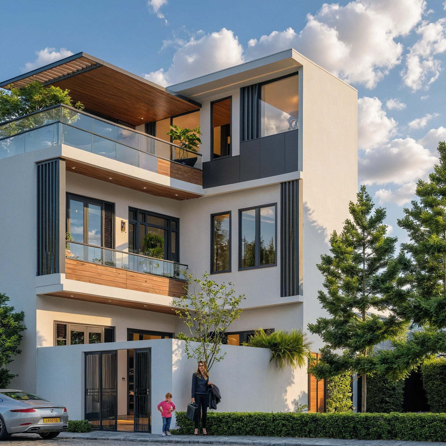 Masterpiece, high quality, best quality, authentic, super detail, outdoors, onestoreyvillaXL, aiaigroup, house style modern on the street ,stairs, white wall ,road,pavement, grass, trees, sky, cloud, (daylight:1.1)
