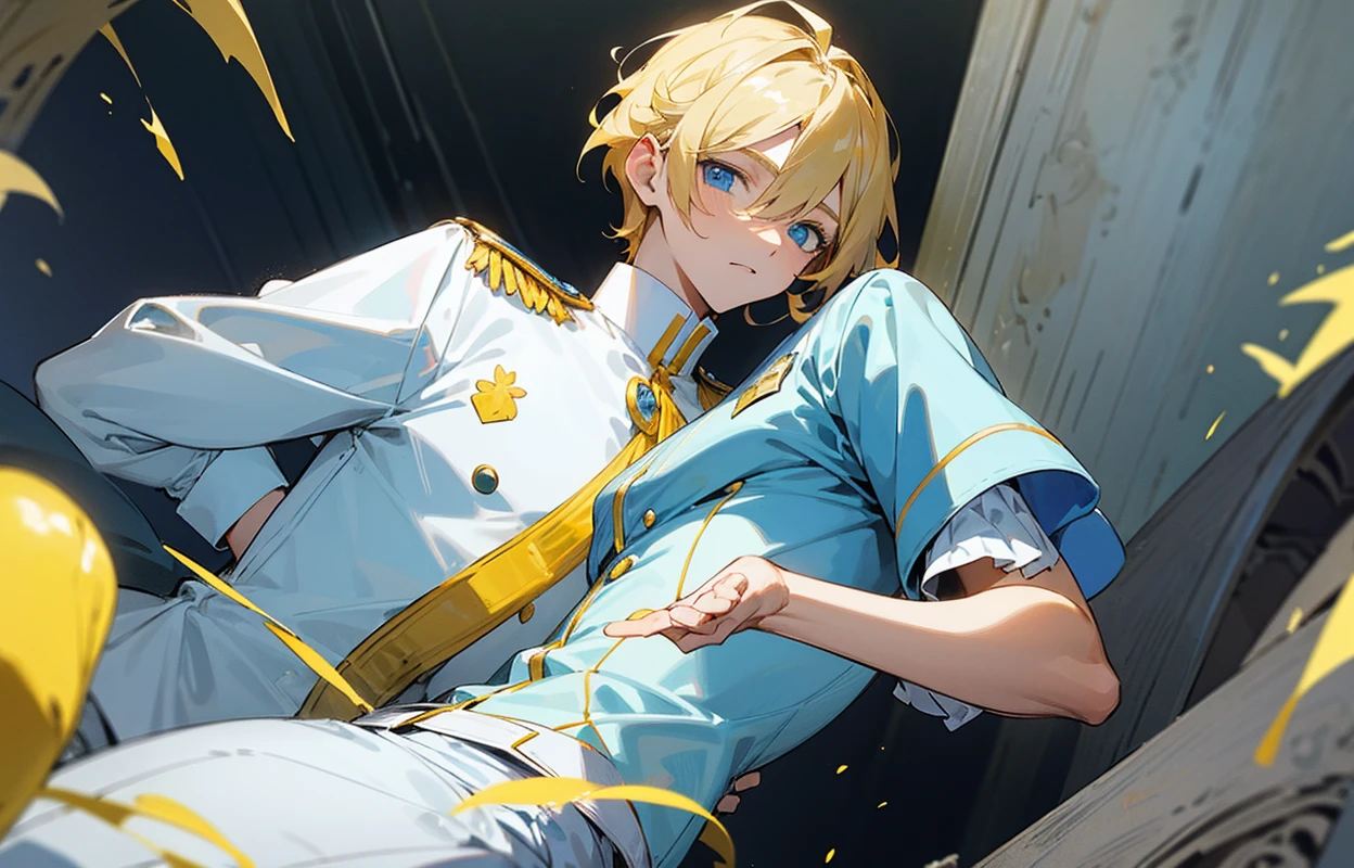 Un homme adolescent au cheveux blonds et des yeux bleu avec un uniforme blanc il se tient debout en tenant une épée jaune parmis des ruines