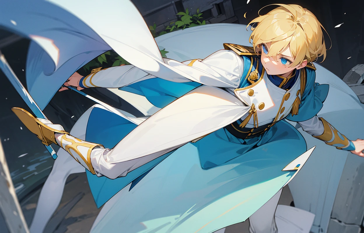 Un homme adolescent au cheveux blonds et des yeux bleu avec un uniforme blanc il se tient debout en tenant une épée jaune parmis des ruines