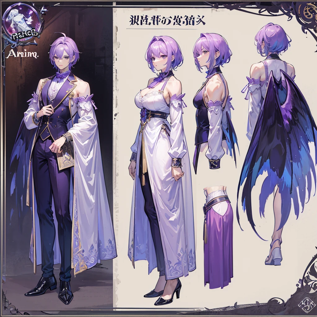 (Masterpiece, best quality), detailed, 1 man, ((character concept art)), ((character design sheet, same character, front, side, back)), full body, body complete, 1 Male angel, 1 Man angel, Detailed face, character design sheet，full bodyesbian, Highly detailed, character sheet, character design, Many parts, dark skin, angel wings, short purple hair, angel outfit, muscle male god, male clothes, masculine, muscle man, male muscle, manly, male angel, Muscle male with short purple hair，beautiful man, beautiful muscle man