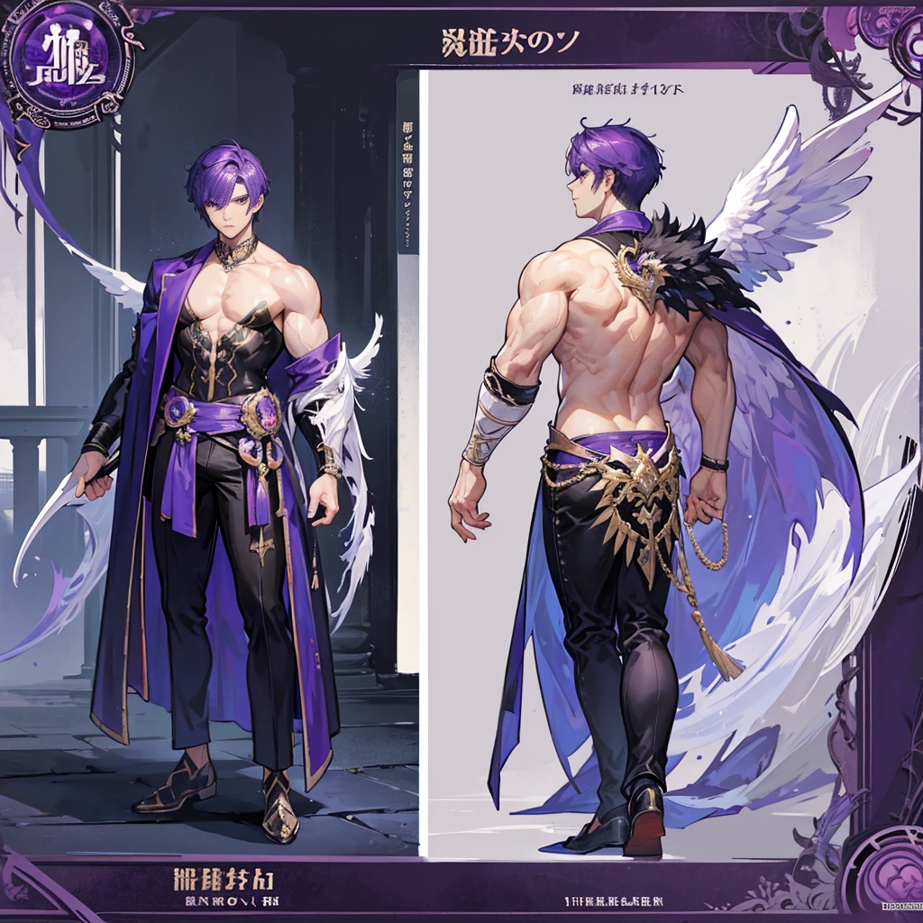 (Masterpiece, best quality), detailed, 1 man, ((character concept art)), ((character design sheet, same character, front, side, back)), full body, body complete, 1 Male angel, 1 Man angel, Detailed face, character design sheet,full bodyesbian, Highly detailed, character sheet, character design, Many parts, dark skin, angel wings, short purple hair, angel outfit, muscle male god, male clothes, masculine, muscle man, male muscle, manly, male angel, Muscle male with short purple hair,beautiful man, beautiful muscle man