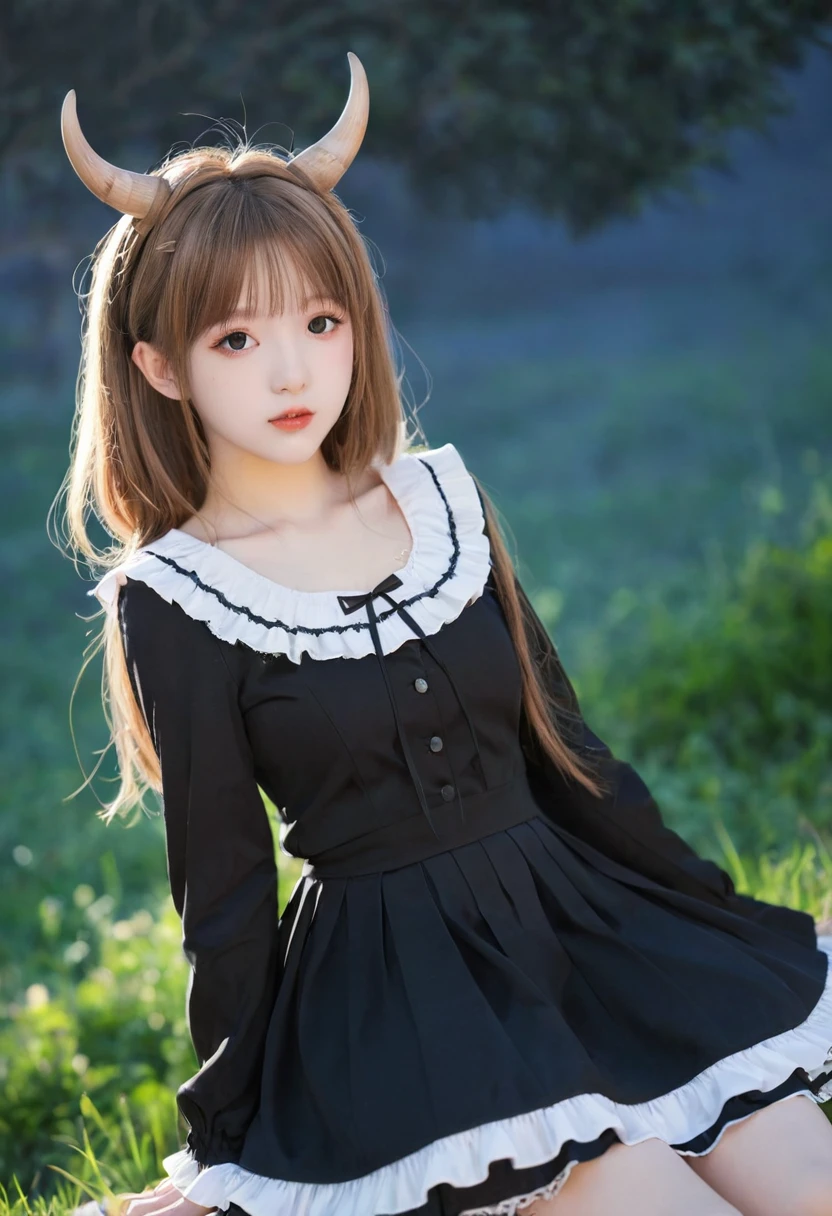 Horns、穿着带有骷髅的裙子的Anime Girl, ((Light brown hair))(Lolita in a skirt, gothic maiden Anime Girl, 穿着漂亮裙子的可爱Anime Girl, Anime cute art style, Anime Girl wearing a black dress, Night Core, (Anime Girl), Anime style 4k, Little curvy loli, High-quality anime art style, Anime Girls, demon Anime Girls
