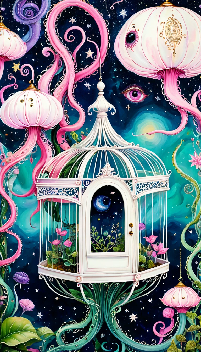 birdcage,plant,Tentacles,Eye、Starry Sky,Stitching together an abstract painting,Describing the inner world of autistic people,Sense of space,White Space,interesting,Innocence,Psychedelic Art,Pink Theme
