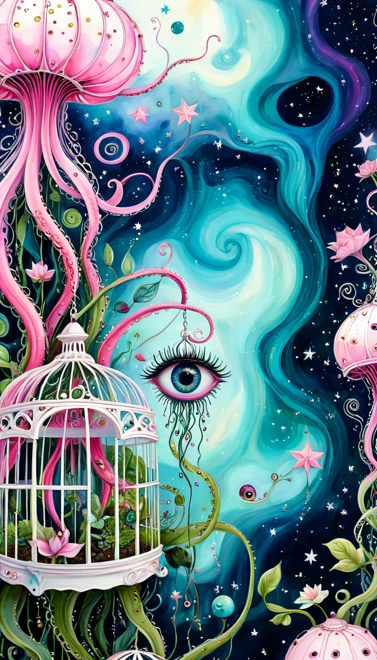 birdcage，plant，Tentacles，Eye、Starry Sky，Stitching together an abstract painting，Describing the inner world of autistic people，Sense of space，White Space，interesting，Innocence，Psychedelic Art，Pink Theme