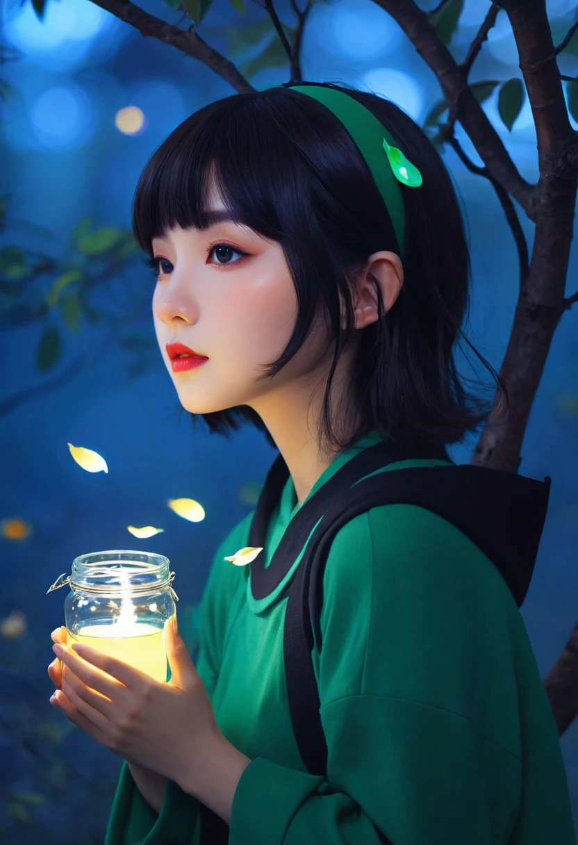 The elves between the branches and the fireflies,Kuvshinov, Sandusa, Fantasy Art, (((Surrealism))), (Style - Glass)