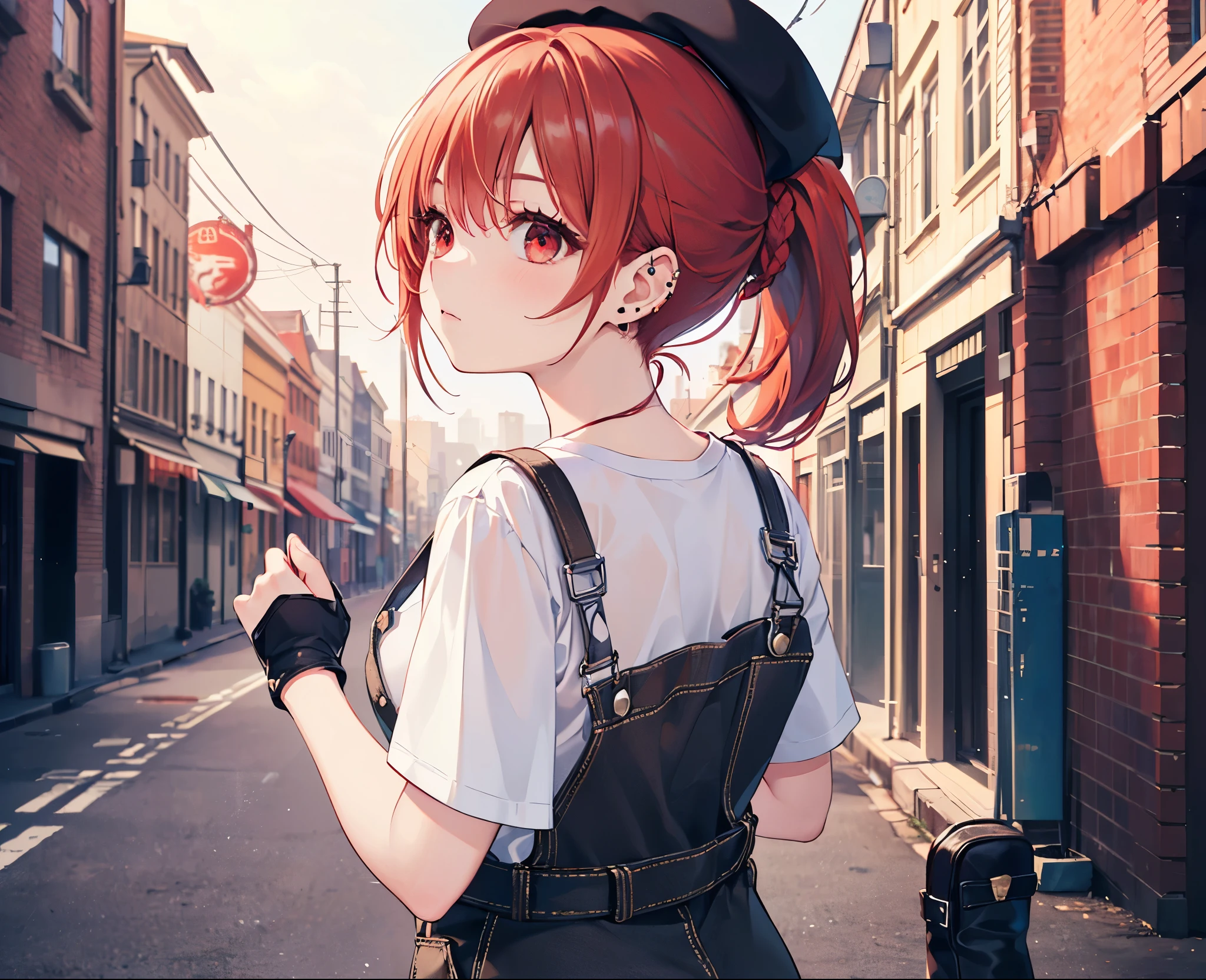 (Close-up:1.3),Realistic,Highest quality, Ultra Detail, High-quality CG rendering, The most delicate and beautiful, Floating softly, High resolution, (1 girl), (Highest quality,4K,8K,masterpiece:1.2),(All red hair:1.5), (ponytail:1.5),(Red eyes:1.5),(Slightly larger breasts:1.2), (Light brown overalls:1.3),(Pure white inner T-shirt:1.3),(Black boots:1.3)、(Light brown beret:1.3)、Piercing in left ear,In the city,old buildings,