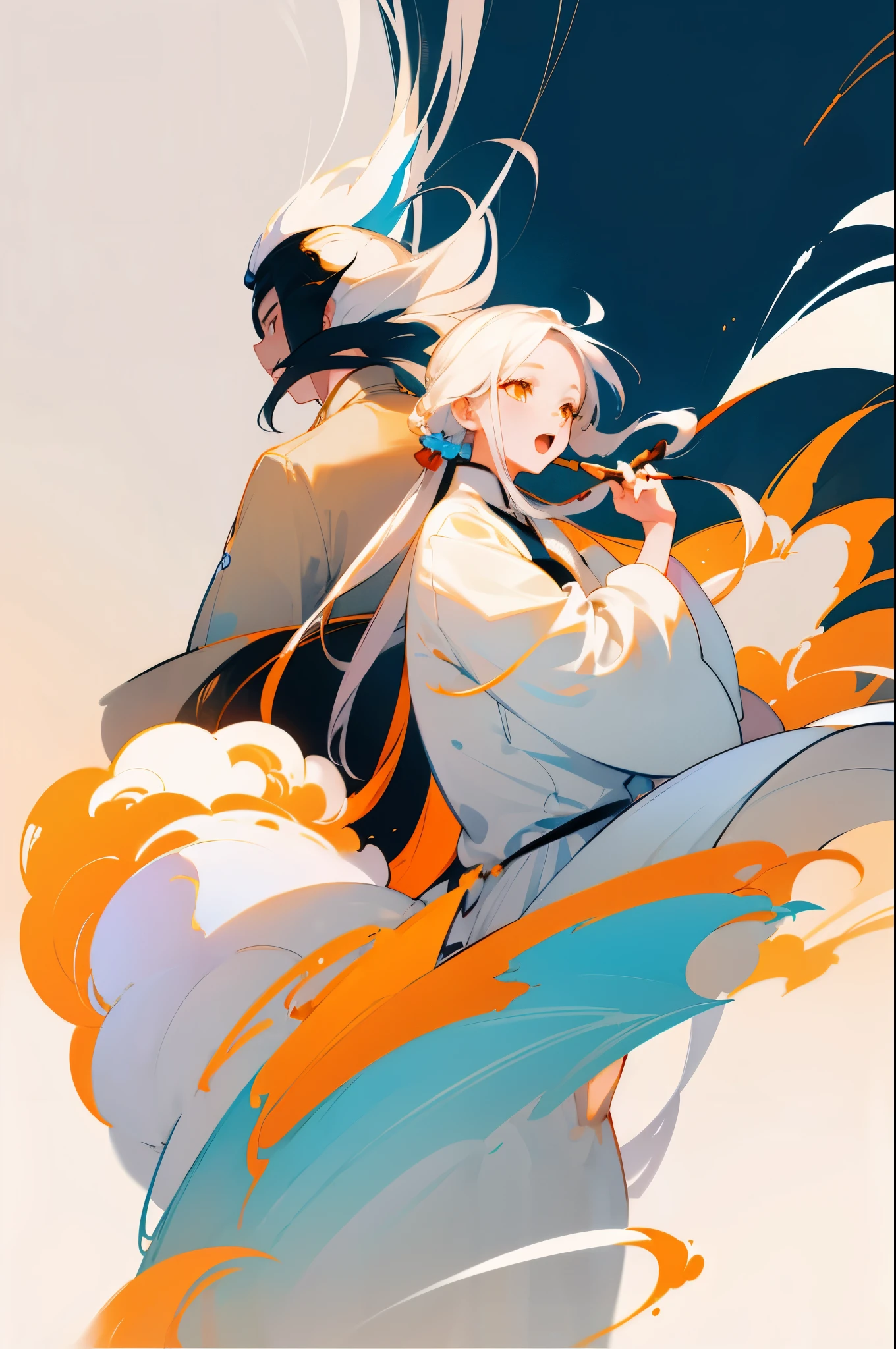 high quality , one white hair girl and one white hair boy, long hair, wuxia character, ((white clothes with blue and orange accent)), ink painting background, flat background, minimalist background, wind pattern background, smiling, standing back to back, white background, cinematic lingting, open mouth, bust shot