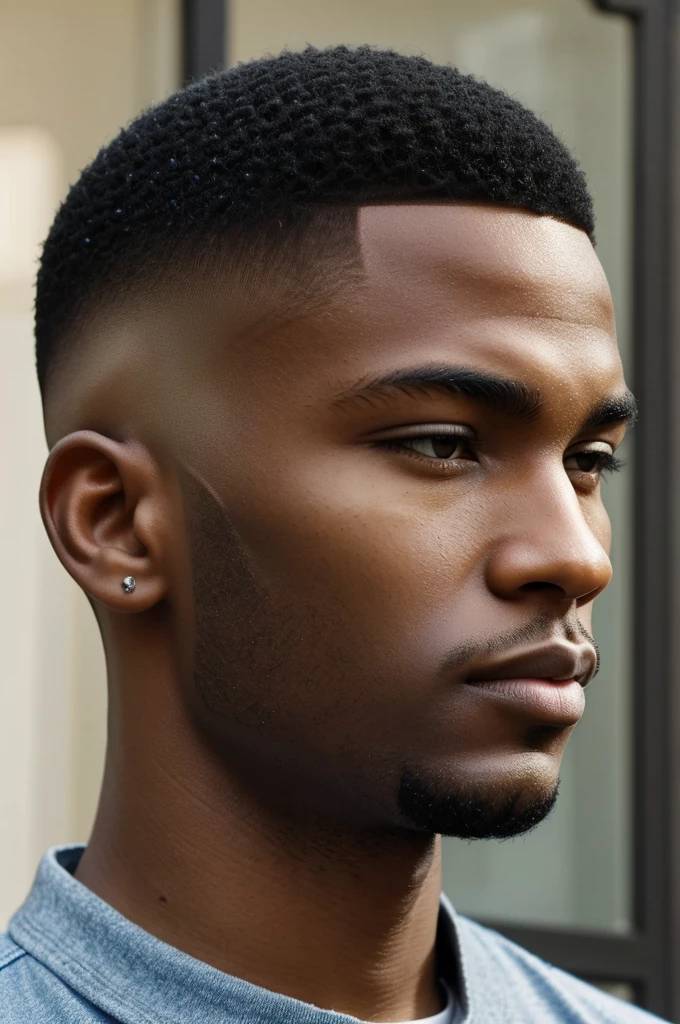 Create a young black man with a profile buzz cut