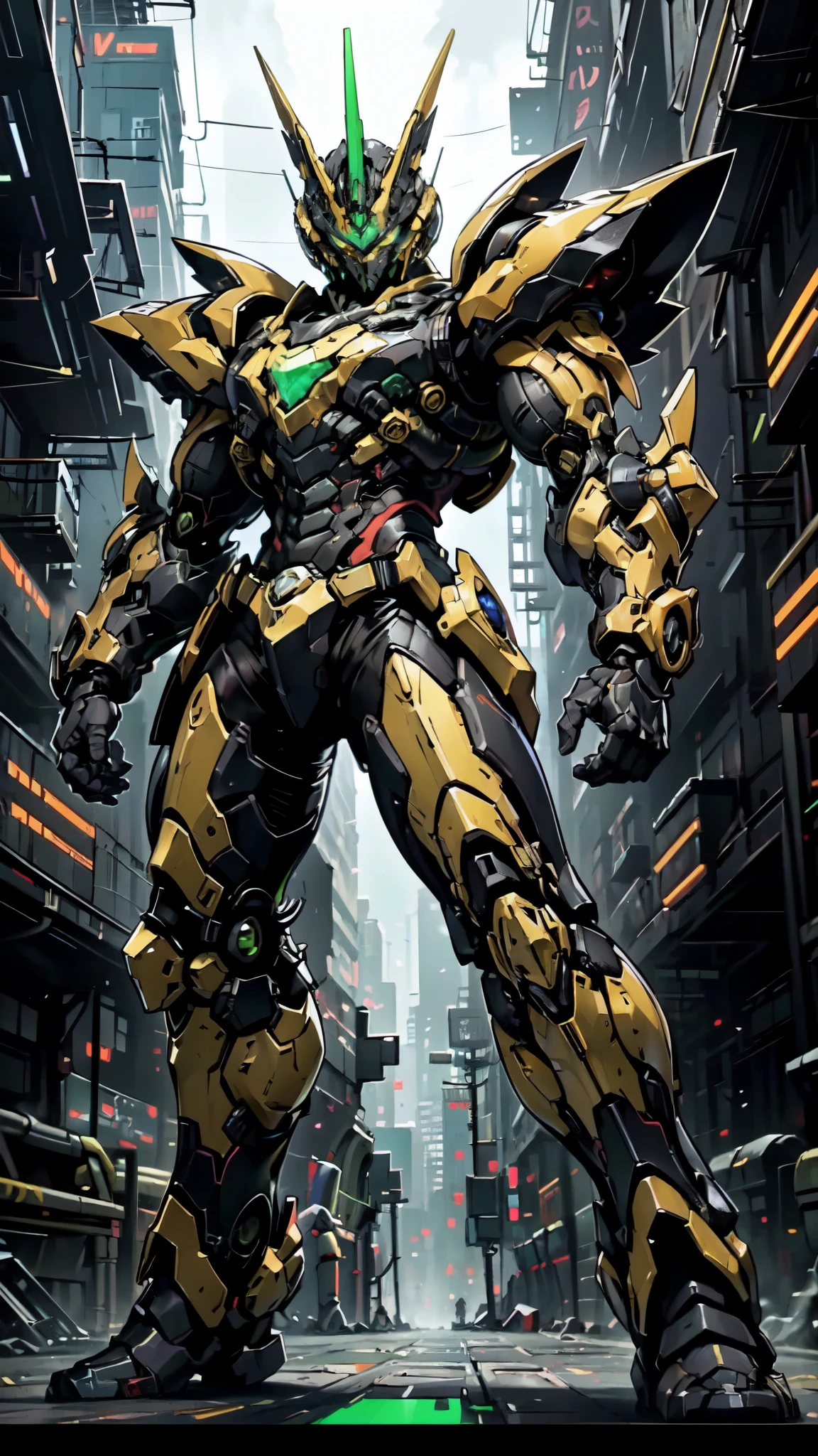 (masterpiece:1.5, best quality:1.5, extremely delicate:1.5, perspective:1.5, foreshortening:1.5, dynamic angle:1.5), a man wearing a full-face helmet, a fantasy-style biotech armored combat suit, green eyes, (a composite layered chest armor), fully enclosed shoulder guards, matching arm and leg guards, the belt is adorned with neon circuitry, (the color scheme is primarily black glow with green and red accents), the design balances heavy with agility, a high-tech bio-mecha armor, (Armor Concept Inspired by neon Cyberpunk, stand on the top of a skyscraper in a futuristic sci-fi city), this character embodies a finely crafted fantasy-surreal style armored hero in anime style, exquisite and mature manga art style, (battle damage, element, plasma, energy, the armor glows), ((male:1.5)), metallic, high definition, highres, ultra-detailed, ultra-fine painting, professional, perfect body proportions, golden ratio, anatomically correct, symmetrical face, extremely detailed eyes and face, high quality eyes, creativity, RAW photo, UHD, 32k, Natural light, cinematic lighting, masterpiece-anatomy-perfect