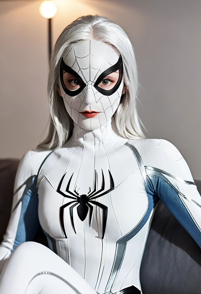 (Obra-prima, 4K分辨率, ultrarrealista, altamente detalhado), (Superhero theme white costume, carismatic, garota no topo da cidade, vestindo traje branco do Homem-Aranha, Superheroíne), [(23 anos), (longos cabelos brancos:1.2), corpo inteiro, (olhos azuis:1.2), (Spider-Man's Dynamic Poses) ((ambiente urbano arenoso):0.8)| (paisagem urbana, noite, dynamic lights), (lua cheia))] sexy, flexible corpo, puzzy