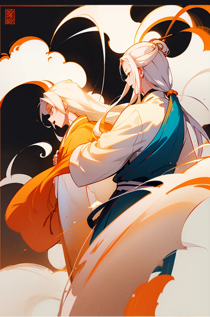 high quality , one white hair girl and one white hair boy, long hair, wuxia character, ((white clothes with blue and orange accent)), ink painting background, flat background, minimalist background, wind pattern background, smiling, standing back to back, white background, cinematic lingting, open mouth, bust shot