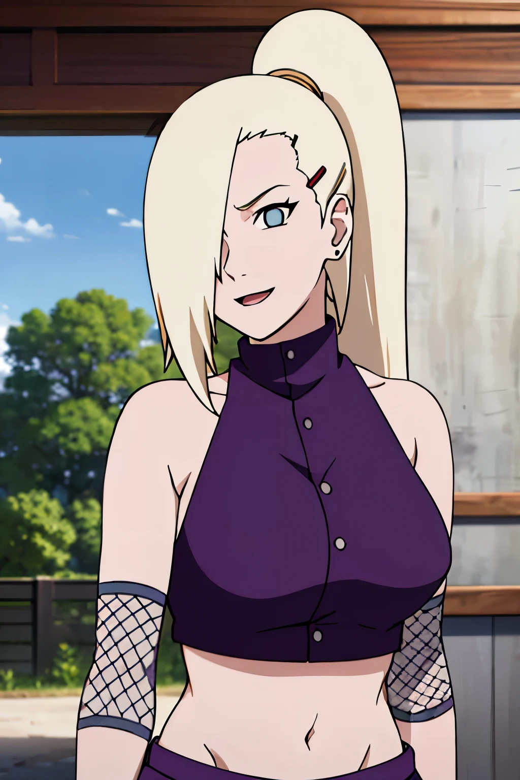 (serving viewer), Ino yamanaka, looking at the viewer, attractive, from below, ultra detailed face, sunny day, day time, upper body view, anime style, solo, detailed home, blonde, (purple clothes), ((one eye covered with hair, hair over eye)), medium breasts, belly button, looking at the viewer, thick arms, (off-shoulders, wide shoulders, curving body), hidden eye, smile, open mouth, very happy, tall, hair clip, sharp look, sharp face, sharp eye, cold colors,
