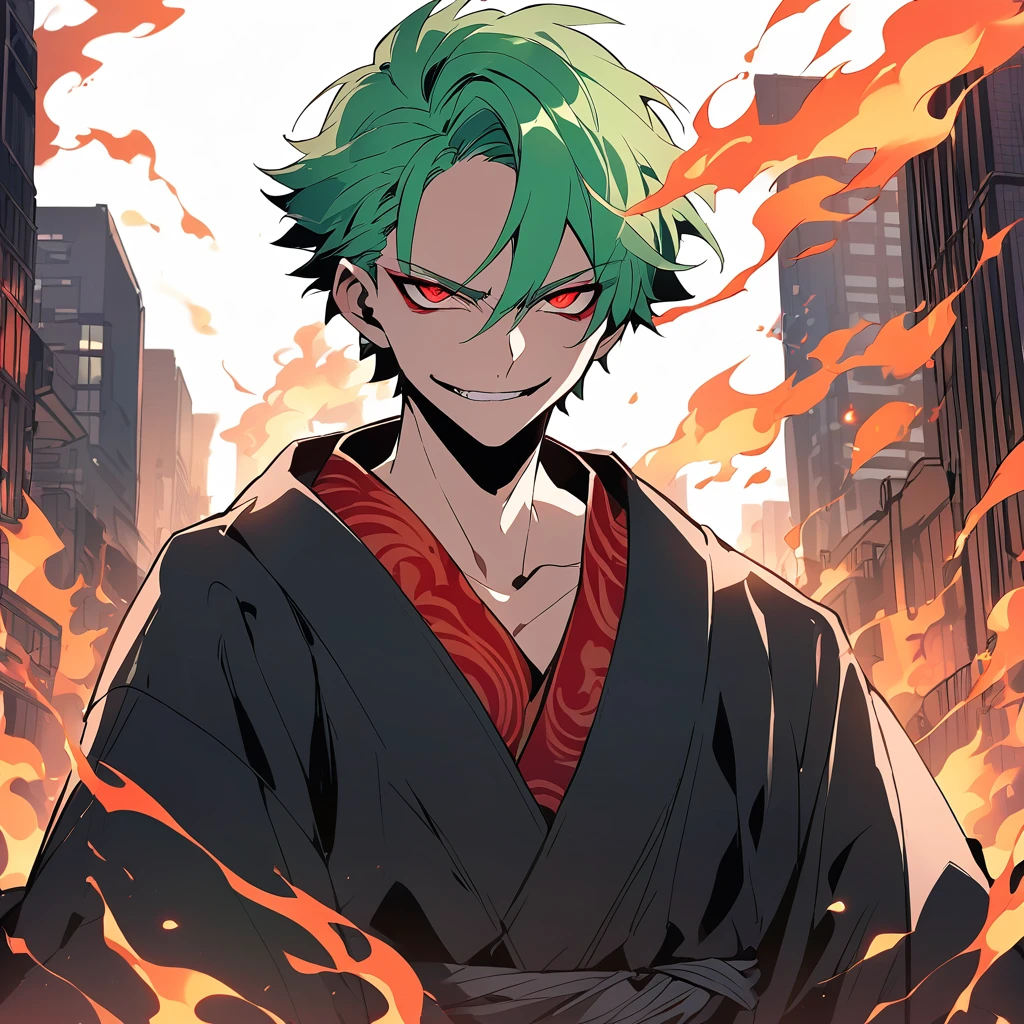 Teenager Boy. Green Hair, Red Eyes. Using a black kimono. He is with a evil smile. city with flames background. Jujutsu Kaisen Art Style.