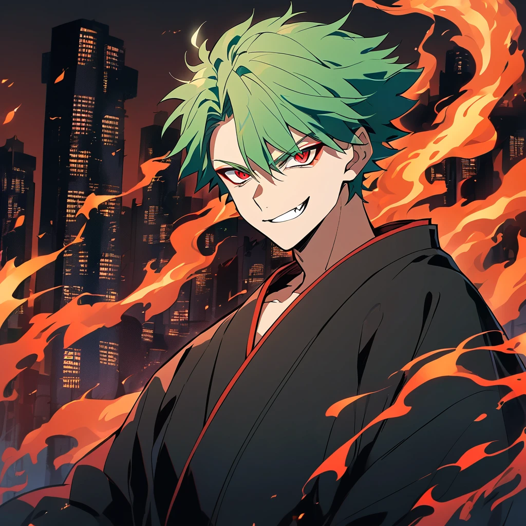 Teenager Boy. Green Hair, Red Eyes. Using a black kimono. He is with a evil smile. city with flames background. Jujutsu Kaisen Art Style.