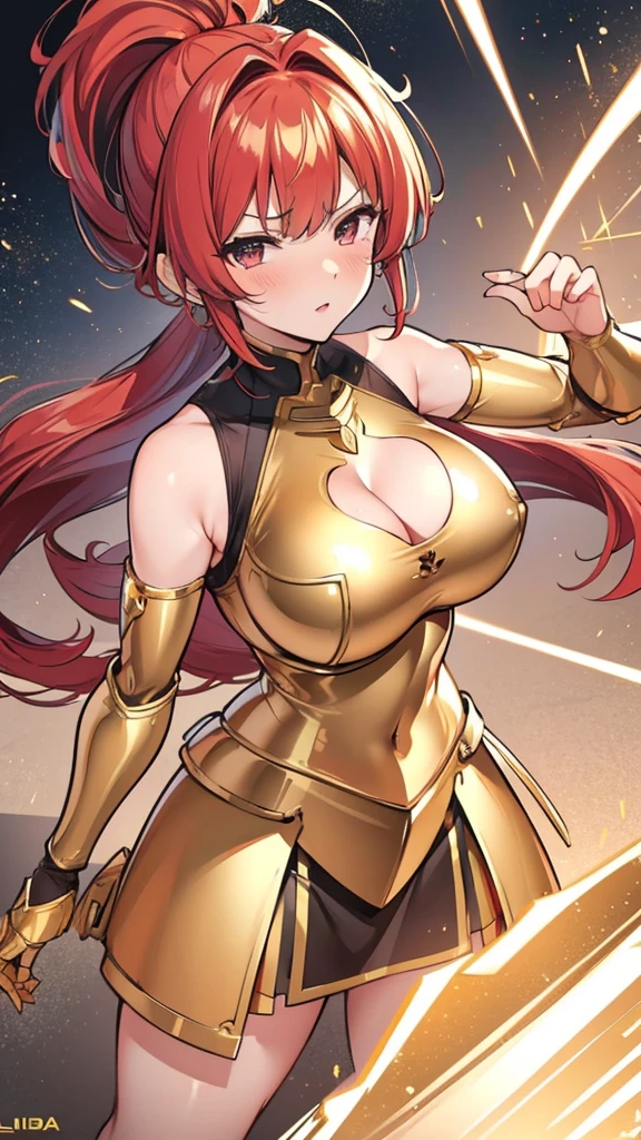 Gold Armor, 4K image, rallies, best quality, masterpiece, movie lighting ,Sexy,Large Breasts,Cleavage,action,In battle,cleavage,anger,noble,Light beams from hands,Golden lightning all around,red hair,ponytail hairstyle,Saint Seiya Leo Aiolia,Wink,lipstick