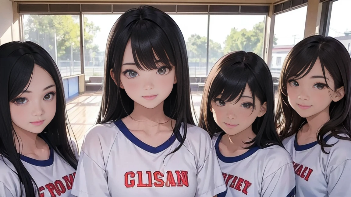 Gymnastics、volleyball、player、5 girls, Photo of beautiful Japanese idols in School, [smile], School、 masterpiece, highest quality, perfect lighting,  White T-shirt、hair above one eye、hair accessorieidsummer、super fine illustration,(((beautiful fine hair))),(((beautiful fine face))),(((beautiful fine background))),