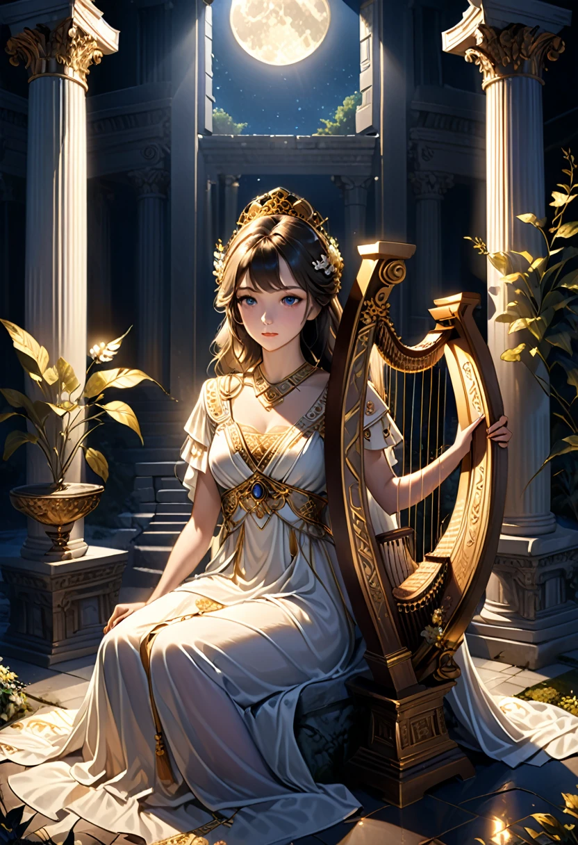 (best quality,ultra-detailed,realistic:1.37), humor, comic style, bold lines,a young priestess, sitting, she places a harp larger than herself in front of him and plays it, playing a large lyre, ancient Greek temple, late at night, inside the temple it is (dark:1.3) and there is (no lighting:1.2), the moonlight shines in at an angle, shining a faint light on her., highly detailed, photorealistic, realistic lighting, intricate architecture, ornate decorations, cool color palette, golden accents, soft fabric textures, mesmerizing expression, elegant pose, cinematic composition, natural lighting, realistic shadows, mystical atmosphere, hyperrealistic, award-winning art