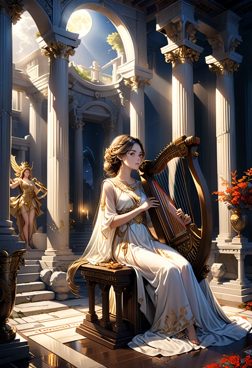(best quality,ultra-detailed,realistic:1.37), humor, comic style, bold lines,a young priestess, sitting, she places a harp larger than herself in front of him and plays it, playing a large lyre, ancient Greek temple, late at night, inside the temple it is (dark:1.3) and there is (no lighting:1.2), the moonlight shines in at an angle, shining a faint light on her., highly detailed, photorealistic, realistic lighting, intricate architecture, ornate decorations, cool color palette, golden accents, soft fabric textures, mesmerizing expression, elegant pose, cinematic composition, natural lighting, realistic shadows, mystical atmosphere, hyperrealistic, award-winning art