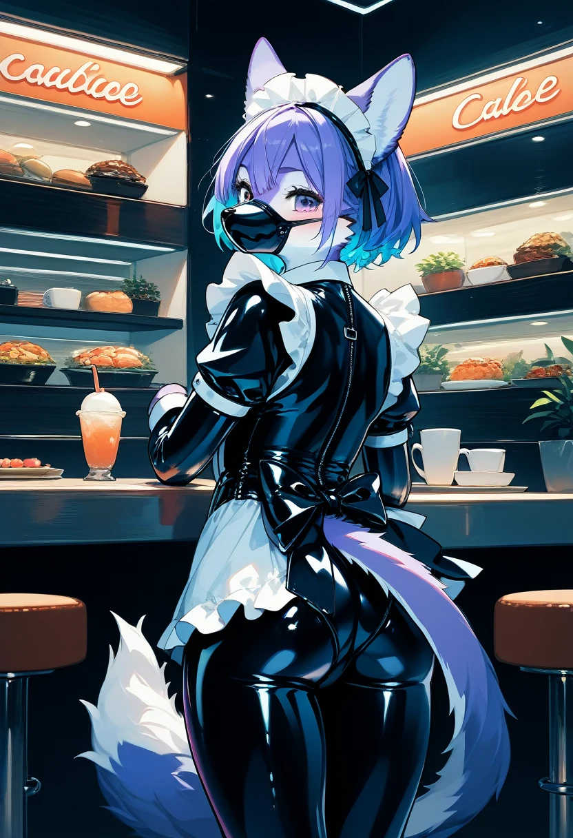 Highest quality, Highest quality, High quality illustrations, masterpiece, Ultra-high resolution, Detailed Background, Cafe, Absurd, Perfect Anatomy, performance, Good lighting, Shadows in the movies(kemono, Furry Personifi猫ion), Purple Skin, Rubber suit, Rubber suit, latex, neon, neonライト, neonカラー, Rubber maid outfit, ribbon, Rubber mask