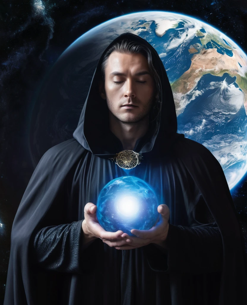 Create an image of a mythical being, who controls the universe, he wears a cloak that is a painting of the universe, his face is not visible being hidden by the black cloak, and the planet earth is being projected in his hands in chaos, his facade from the front in a meditation position, the background of the image must be white, 4k quality, realistic.