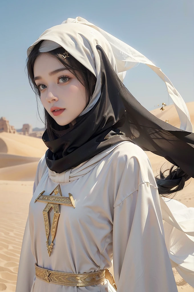 (((best quality))),(((ultra detailed))),(((masterpiece))),illustration,((A beautiful Muslim girl,Arab Princess,,solo)),((slim,thin,small breasts,flat chest)),summer,(in desert:1.3),white headscarf,(white abaya:1.3),slender legs,(arms behind back:1.2),radiant smile,fair complexion,sun rays,gentle breeze,elegant attire,vast expanse,golden sand,azure sky,dunes,stillness,graceful elegance,((from front,upper body)),