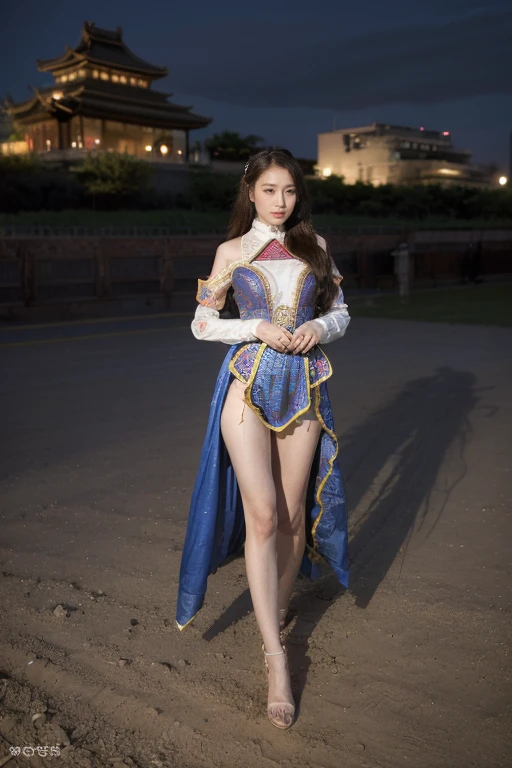 ((original photography:1.2)),Photographed by mobile phone,RAW photos,Night view of Beijing,violent storm,1 Girl, Perfect body,Full body portrait,Fashion的头发, Very long hair, delicate eyes, Side Light, Sweating,With a mask, huge collar,Medium breasts,Fashion的民族服飾,(intricate ethnic costumes、Colorful、embroidery、stripe、pattern、Fashion、Hollow),Long slender legs