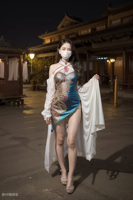 ((original photography:1.2)),Photographed by mobile phone,RAW photos,Night view of Beijing,violent storm,1 Girl, Perfect body,Full body portrait,Fashion的头发, Very long hair, delicate eyes, Side Light, Sweating,With a mask, huge collar,Medium breasts,Fashion的民族服飾,(intricate ethnic costumes、Colorful、embroidery、stripe、pattern、Fashion、Hollow),Long slender legs