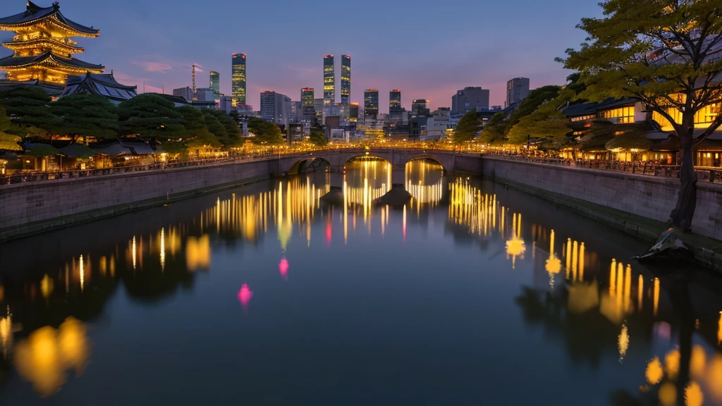 A fabulous cityscape with buildings and a fountain reflected, Japanese cities at night, Tokyo prefecture, City light reflections, Japan at Night, Downtown Japan, Urban reflection, Tokyo, Tokyo at night,The view while walking down the street、Tokyo at night,