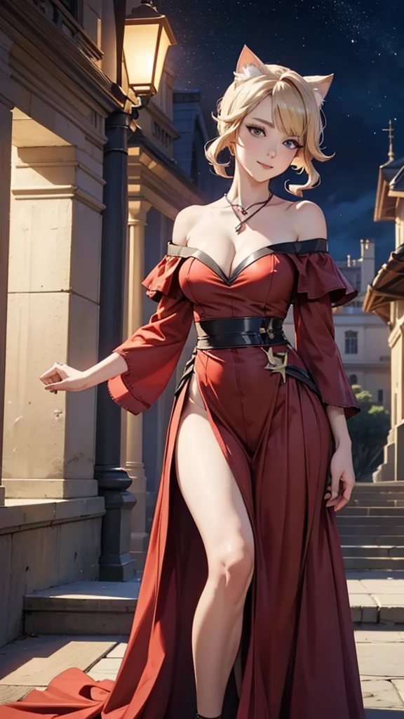 Sole female, Realistic, genshin impact, Lynette,wearing long  dress, revealing, (( waist split)), blonde, red dress, gentle smile, night, mansion, ((off shoulder)), cleavage,  cat ears, standing, necklace 