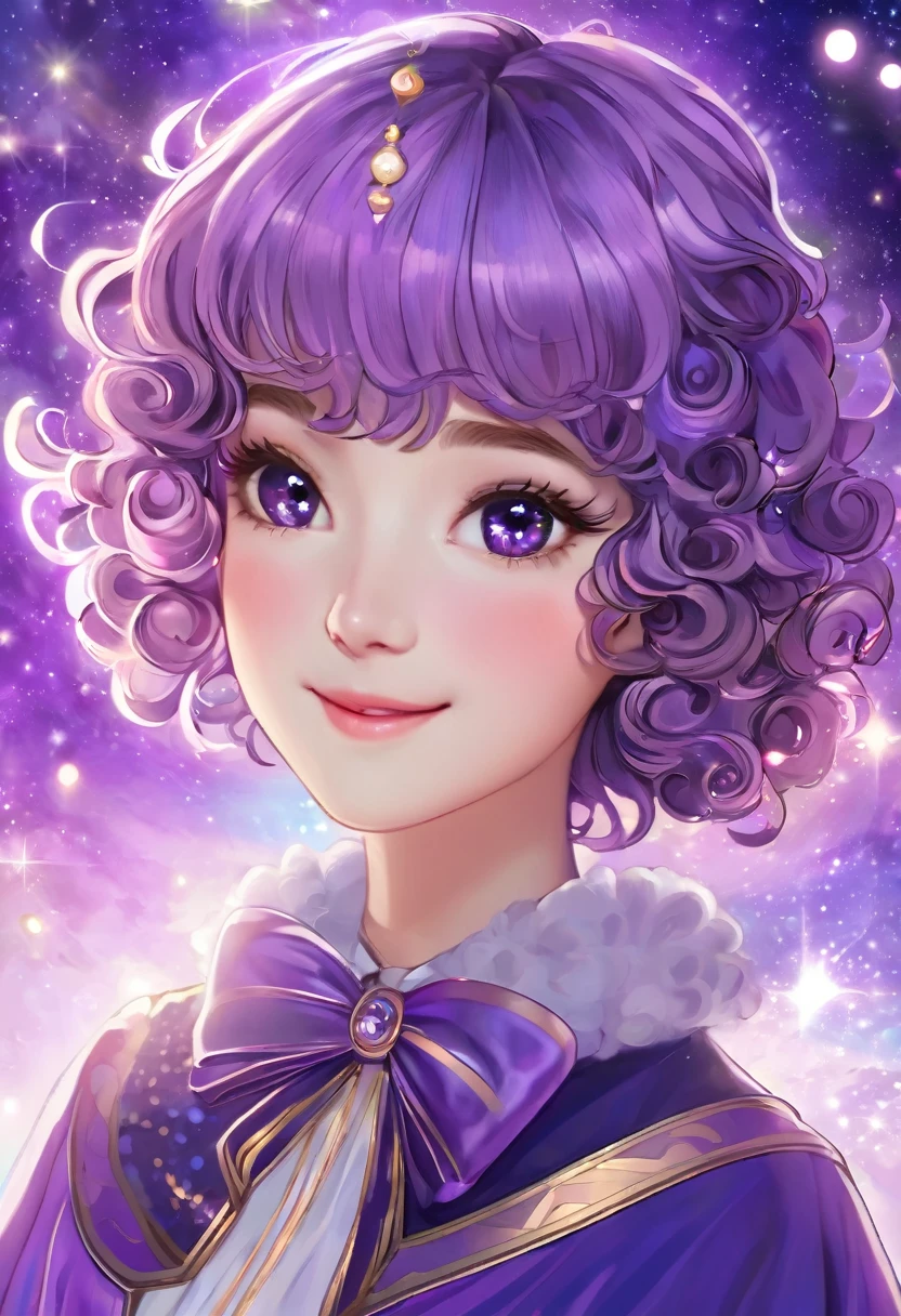 ((work of art)), (best qualityer),, offcial art, Kizi, short hair with curly bangs, curls, smiling, fly away, glad, pretty, bow, Caucasian skin, skin fair, adolescent, magica, mystical, magical world, bts, Bangtan, galaxy, spots on the face, little Princess, magica, light purple, com algumas spots on the face, Youngh.
