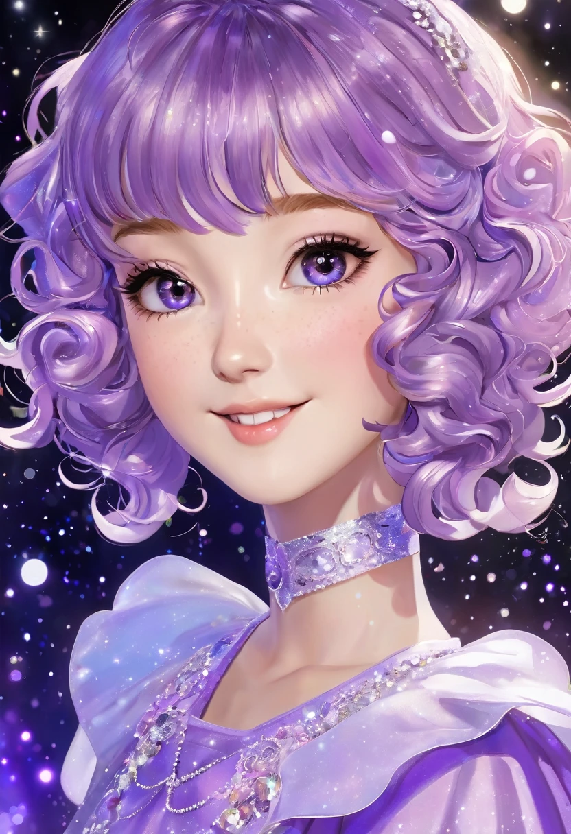 ((work of art)), (best qualityer),, offcial art, Kizi, short hair with curly bangs, curls, smiling, fly away, glad, pretty, bow, Caucasian skin, skin fair, adolescent, magica, mystical, magical world, bts, Bangtan, galaxy, spots on the face, little Princess, magica, light purple, com algumas spots on the face, Youngh.