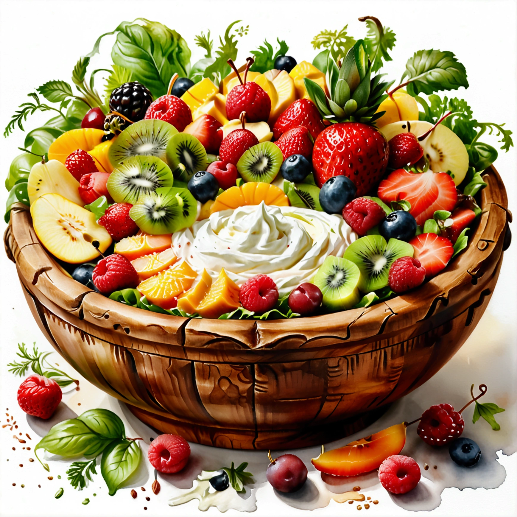 There is bowl of salad made of different fruit , fresh and creamy, with white cream and mayonnaise, served in classy medieval age wooden bowl, illustration, baking ingredients, isolated with solid white background, surrounded with negative space, centered composition, 8k, highest detailed painting, very precise painting, Isolated, clear solid white background, perspective angle of view, ((watercolor:1)), clip art, (lora:add-detail-xl:0), (masterpiece), (best quality), no bread on the floor,