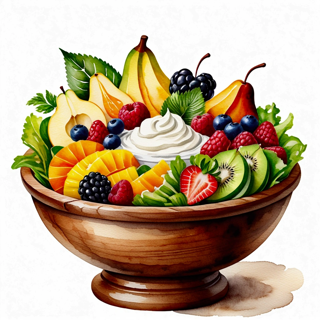 There is bowl of salad made of different fruit , fresh and creamy, with white cream and mayonnaise, served in classy medieval age wooden bowl, illustration, baking ingredients, isolated with solid white background, surrounded with negative space, centered composition, 8k, highest detailed painting, very precise painting, Isolated, clear solid white background, perspective angle of view, ((watercolor:1)), clip art, (lora:add-detail-xl:0), (masterpiece), (best quality), no bread on the floor,
