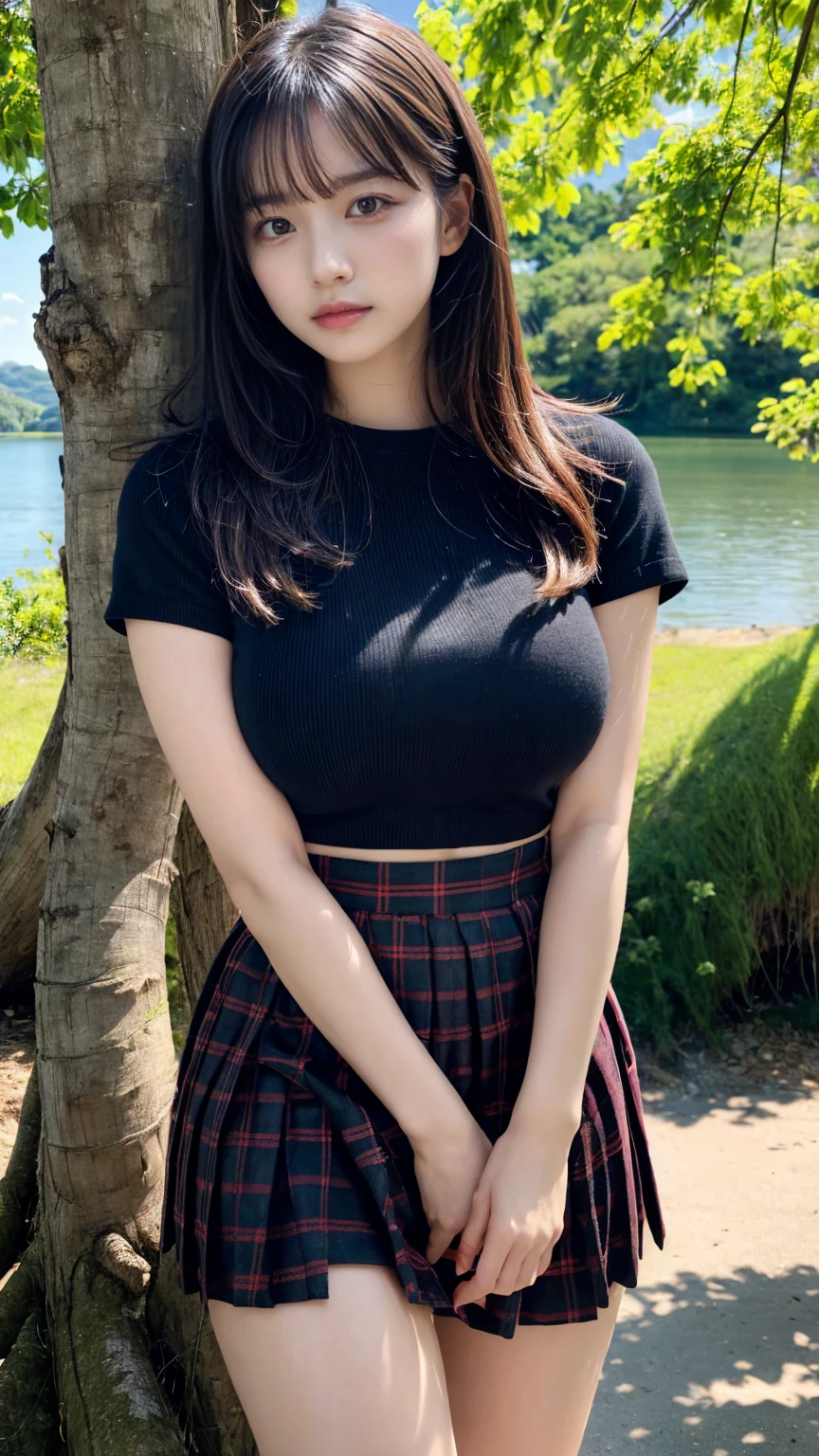 (absurdres:1.3), (highres:1.3), (ultra detailed:1.3),(1girl:1.3), (extremely detailed CG unity 8k wallpaper:1.3), (detailed skin texture, detailed cloth texture, detailed hair texture), (beautiful detailed face, supermodel, pale skin, realistic glistening skin), (RAW photo, best quality), (realistic, photo-realistic:1.4), masterpiece, extremely delicate and beautiful,Amazing, finely detail, extremely detailed CG unity 8k wallpaper, huge filesize, ultra-detailed, highres, absurdres, soft light,rim light, vibrant details, hotel room, straight hair, large breasts, black hair color, Big Natural Color Lip, (perfect body shape), beautiful legs, 20 years old, Beauty、Well-formed face、Make your eyes even、Large sagging eyes、Beautiful black hair、Has bangedium build、Well-balanced proportions、Arms wrapped around his back, hands tie behind back, Tartan plaid pleated skirt、Blue Short Sleeve Blouse、Beautiful scenery、(front view:1.3), Leaning against a large tree on the shore of a beautiful lake、