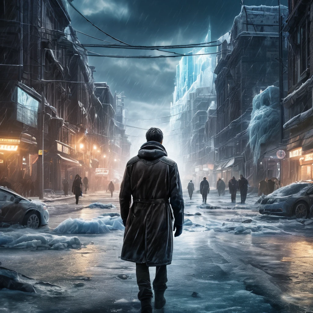 A beautiful scenery of a sci fi destroyed city , frozen with ice , chaotic atmosphere, filled with fogg , beautiful architecture, congested buildings , broken buildings, an alone man walking alone in the middle of the road , perfect lighting , dark evening lighting , sky filled with lightning , movie poster, highly detailed image, cinematic feel 