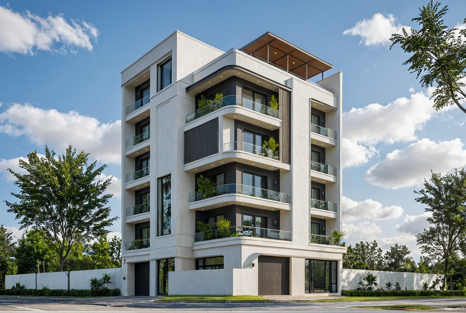 Masterpiece, high quality, best quality, authentic, super detail, outdoors, onestoreyvillaXL, aiaigroup, house style modern on the street ,stairs, white wall ,road,pavement, grass, trees, sky, cloud, (daylight:1.1)