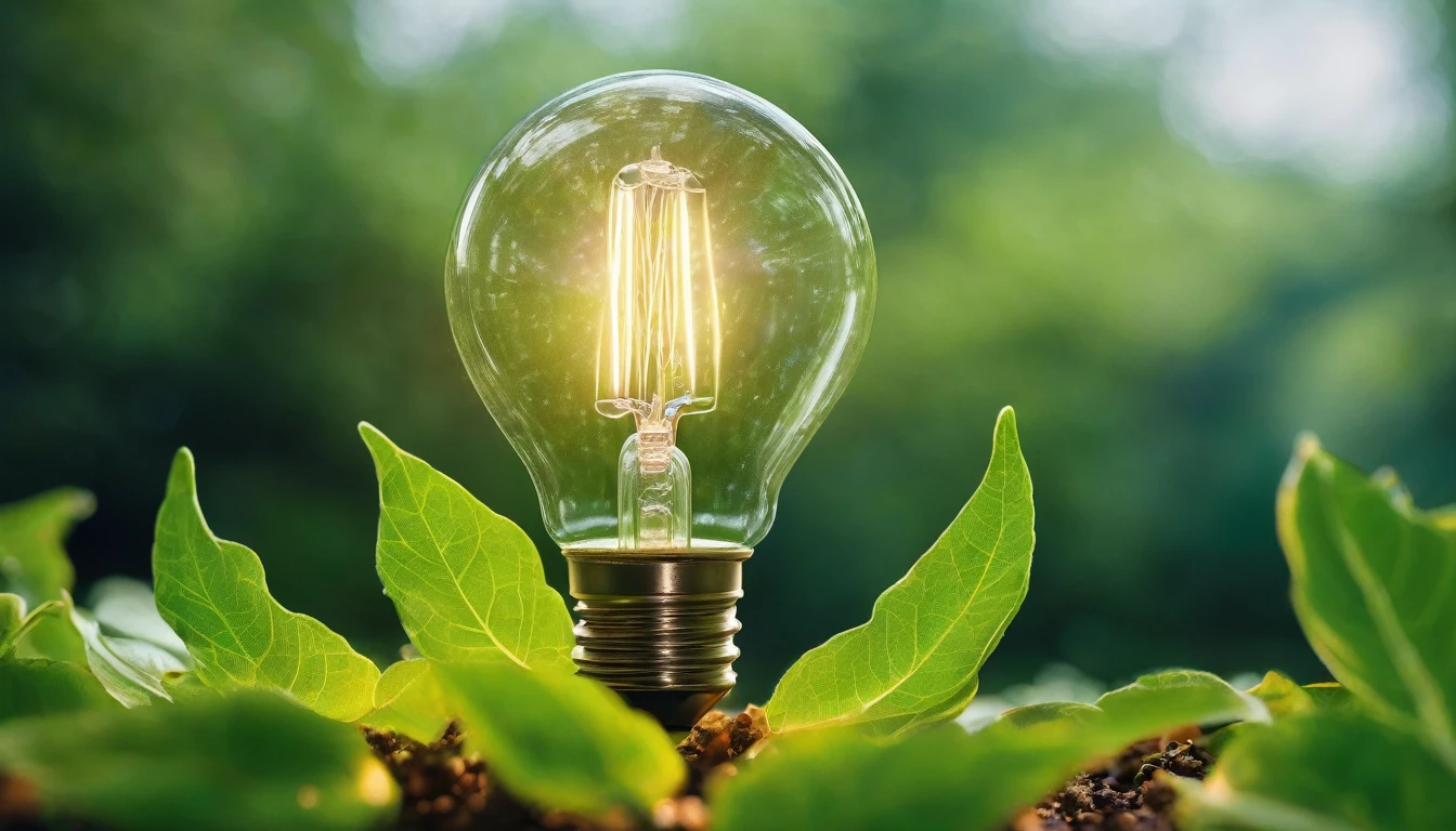 light bulb against nature on a green leaf, environmental sustainability, responsible business, ecology, renewable energy sources, ethereal lighting, peaceful scenery, natural textures, soft focus, cinematic quality, vibrant colors, dynamic composition, detailed rendering, photorealistic, 8k, highly detailed, masterpiece