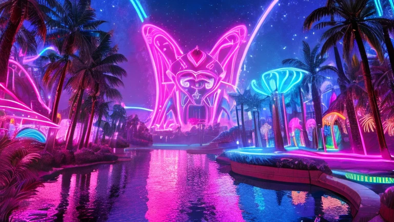 A big place with neon plants in the alien style with tribal villages and with big trees in these trees, Its roots are like a big neon and the trunk is something colorful., with a river that passes with very clear water, When you look at the reflection of the water, It lights up with neon and the sky has colorful clouds. (neon party) neon lights super neon clarity, show wonderful lights wonderful night multicolored lights animal multicolored neon, radiant, creative ultra rave multicolor , wonderful stage with hot lights and neon with emphasis on blue and pinky