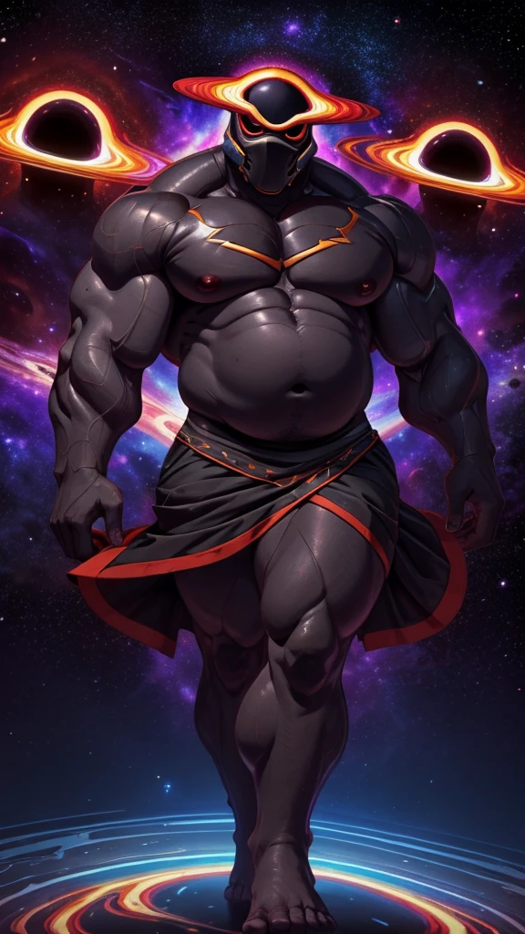 A colossal bara God, Void, Black hole head, blackhole mask, headless, void head, galaxy skin, giant pecs, big belly, galaxy, Godlike, wearing a godly black and purple skirt, Space, Calamity, Bara art, high quality, HD, Muscular, slightly chubby, big arms, thick thighs