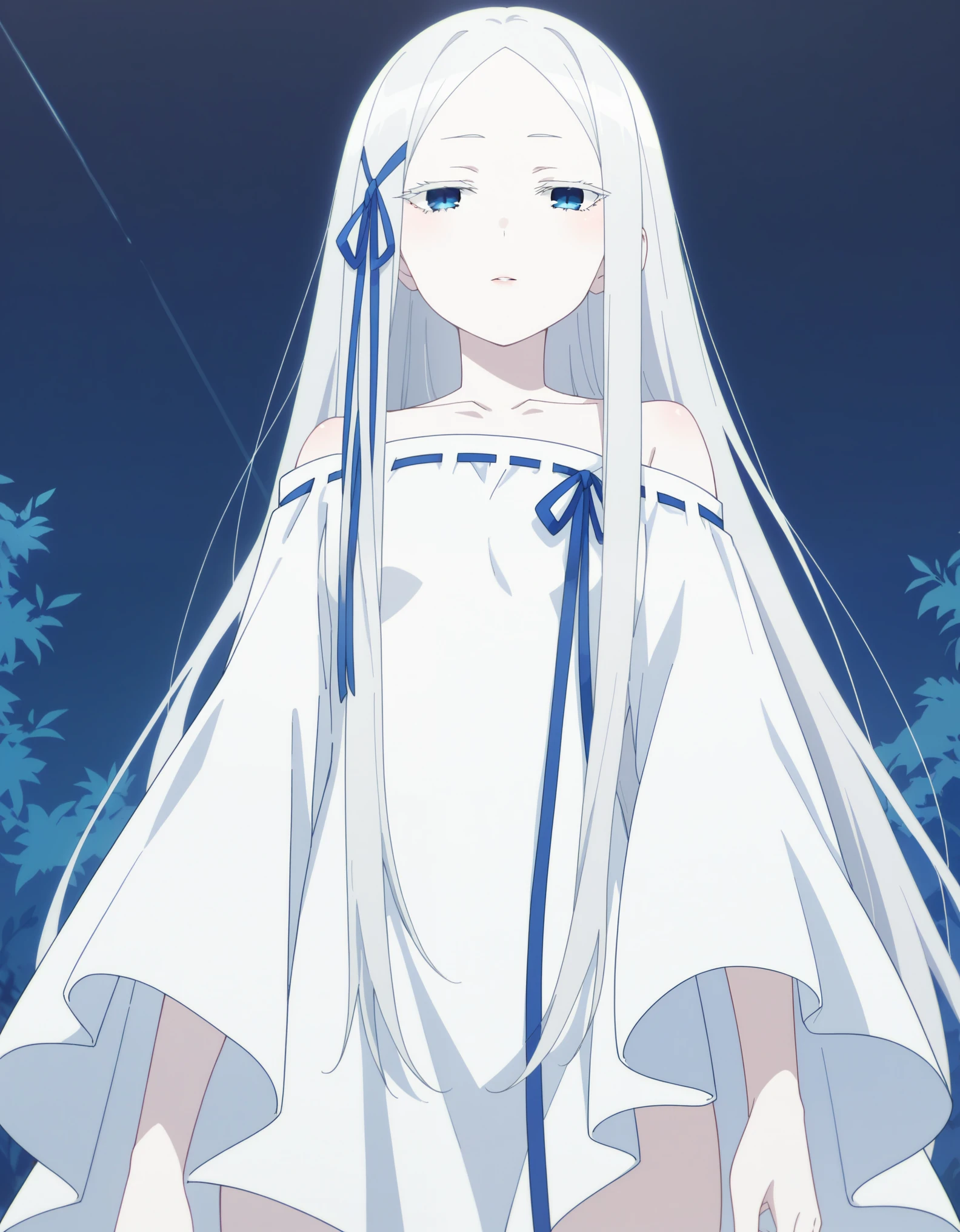 score_9, score_8_up, score_7_up, source_anime, 1girl, prefect lighting, very aesthetic, intricate details, highly detailed background, masterpiece, high quality, prefect hands, best quality, solo, KJOpandora, white hair, blue eyes, parted bangs, Long eyelashes, very long hair, hair ribbon, half-closed eyes, pale skin, white dress, off shoulder, looking at viewer, from below, outdoors, night, (Beautiful, small Breasts:1.2), natural breasts,