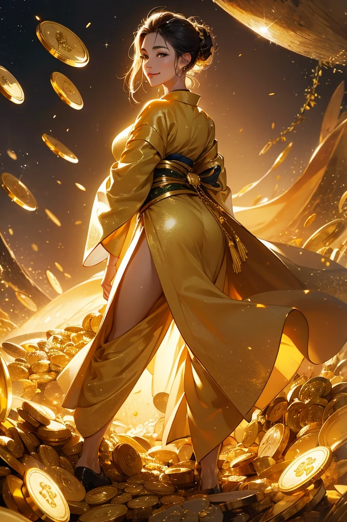 A beautiful woman in a gold kimono smiles against the backdrop of a mountain of gold nuggets, gold coins, and gold dust sparkling in the air.