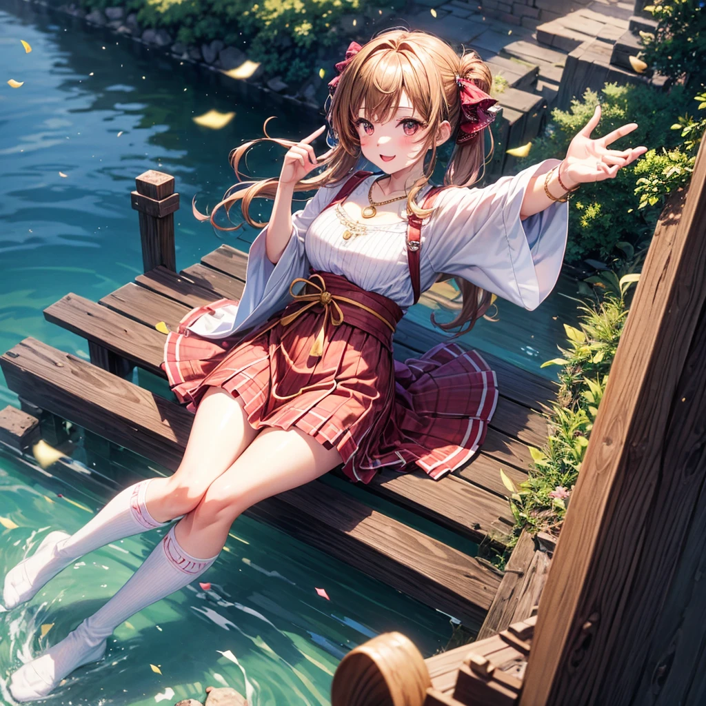 Pink, red, brown, gold, gold hair、Red gold eyes、Hair tied up、One good looking girl、solo、anime、Checkered mini skirt、Ruffles on the skirt、Checked dress、blouse、Kimono、Black knee-high socks、Ribbon、Ribbon on waist、Teeth are visible、Sparkly Necklace、From above、Cobblestones、waterfall、Starry Sky、Midnight Moon、suspension bridge、Confetti、Kicking、Brick construction、Uphill、An old castle built on a rocky mountain、The scenery is reflected on the water、Sitting on the roof