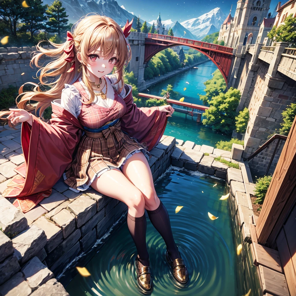 Pink, red, brown, gold, gold hair、Red gold eyes、Hair tied up、One good looking girl、solo、anime、Checkered mini skirt、Ruffles on the skirt、Checked dress、blouse、Kimono、Black knee-high socks、Ribbon、Ribbon on waist、Teeth are visible、Sparkly Necklace、From above、Cobblestones、waterfall、Starry Sky、Midnight Moon、suspension bridge、Confetti、Kicking、Brick construction、Uphill、An old castle built on a rocky mountain、The scenery is reflected on the water、Sitting on the roof