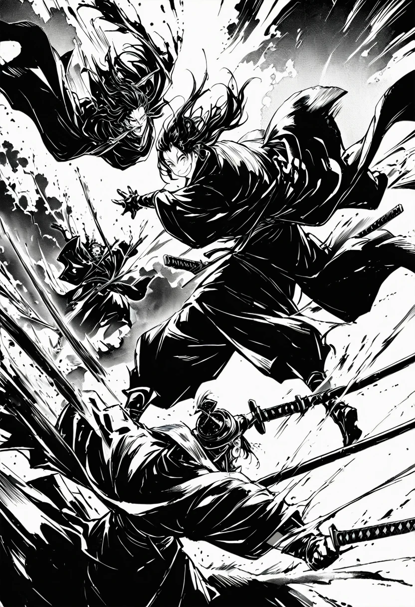 Ink painting,Black and white painting,splash,whole body,smile,Medium Hair,Samurai,Black kimono,(haori),(Intense sword fighting scene with outstretched arms),Drawing strokes drawn with rot ring 0,Dynamic movement and powerful brushstrokes、