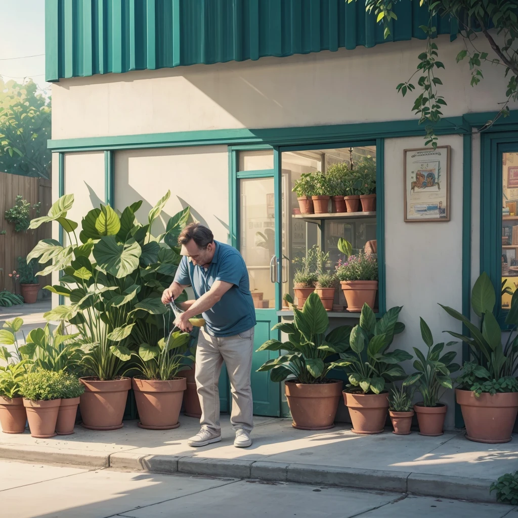 There is a middle aged man and a watering plants, children's book illustration, children's book illustration, children's book illustration, commercial illustration, children's book illustration, flat illustration, detailed 2D illustration, 2D illustration, 2D illustration, children's book illustration, children's book illustration, illustration, children's illustration, professional illustration  